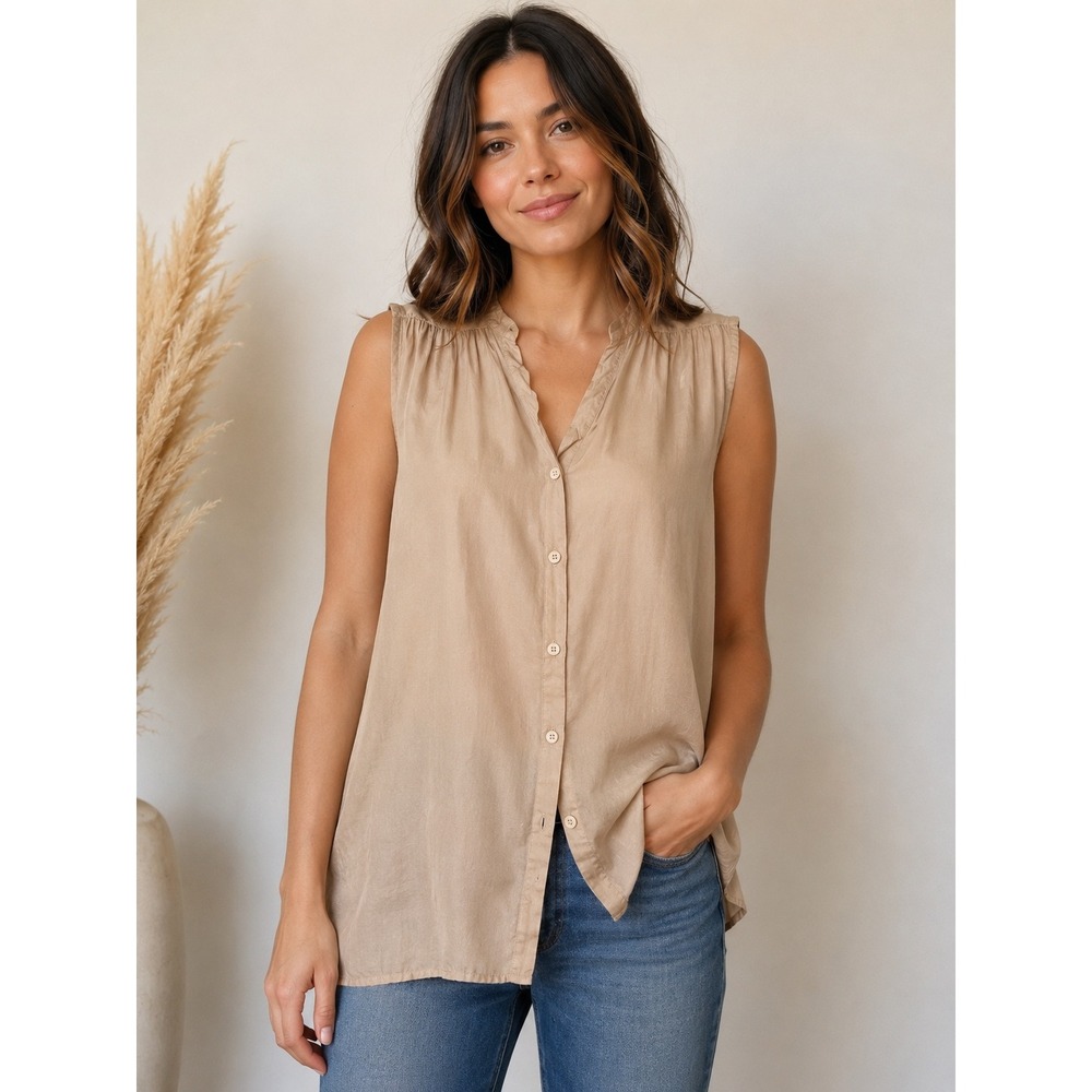 CP Shades Tan Cotton Silk Sleeveless Button Down Tunic Top XS USA Lightweight